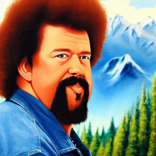 Prompt: a closeup photorealistic photograph of bob ross detailing a canvas painting of kenny powers. mountains and trees. film still. brightly lit scene. this 4 k hd image is trending on artstation, featured on behance, well - rendered, extra crisp, features intricate detail, epic composition and the style of unreal engine.