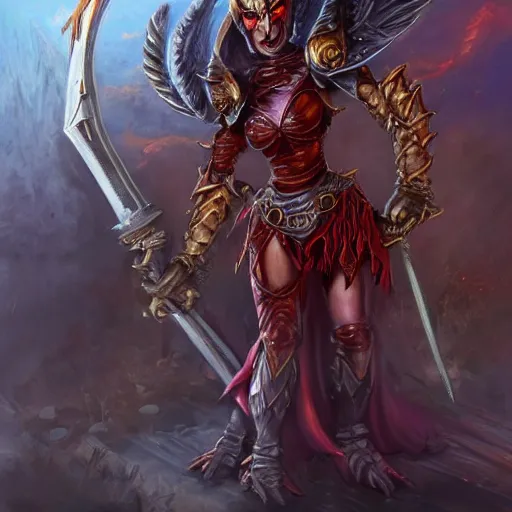 Image similar to disney's gargoyles female!! winged warrior! flaming sword! devilish smile!! ( ( plate armor ) ) ( ( ( shield ) ) ), fantasy painting, concept art, 4 k