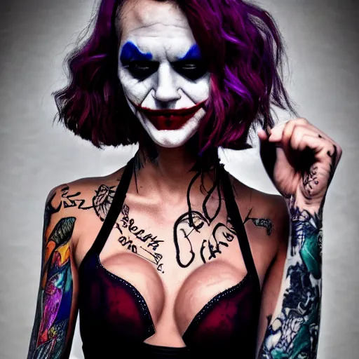 Prompt: fully body pose, photo of a very beautiful!! victoria secret model, the joker, fully tattooed, 8 k, hdr, smooth, sharp focus, high resolution, award - winning photo, trending on artstation, dslr, 5 0 mm c 1 5. 0