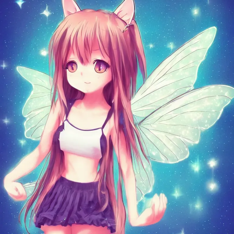 Image similar to cute, full body, female, anime style, a cat girl with fairy wings, large eyes, beautiful lighting, sharp focus, simple background, creative, heart effects, filters applied, illustration