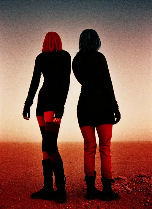 Image similar to cinestill 5 0 d photographic portrait of two loving female androids wearing rugged black techwear on a desolate plain with a red sky, extreme closeup, lizard on ground, cyberpunk style, in front of a brutalist dark metal facility, dust storm, 3 5 mm, high resolution, 8 k, hd, f / 3 2, ultra realistic faces