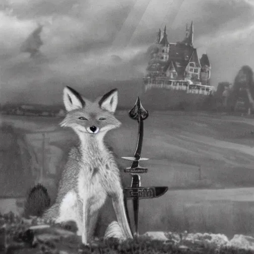 Prompt: anthropomorphic fox!! who is a medieval knight holding a sword towards a stormy thundercloud [ 1 9 3 0 s film still ], ( castle in the background )