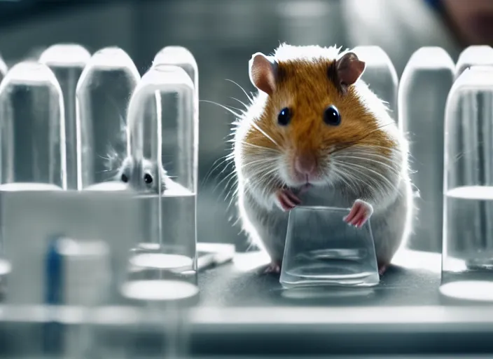 Image similar to film still of a hamster working in a research lab filling test tubes, 8 k