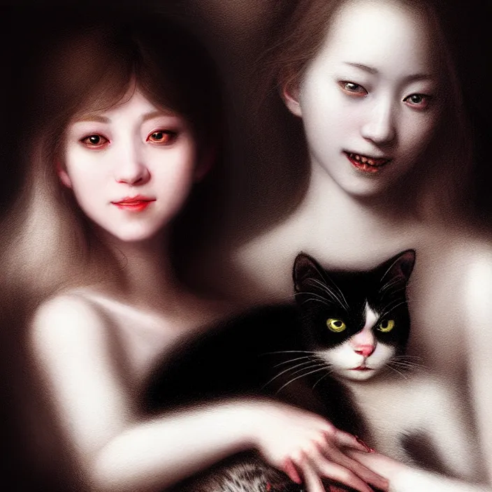 Image similar to renaissance portrait of the secretive vampire girl loner smiling at her cat, by yoshitaka amano, casey baugh, steve caldwell, gottfried helnwein, yasunari ikenaga, nico tanigawa, and artgerm rendered with 3 d effect.