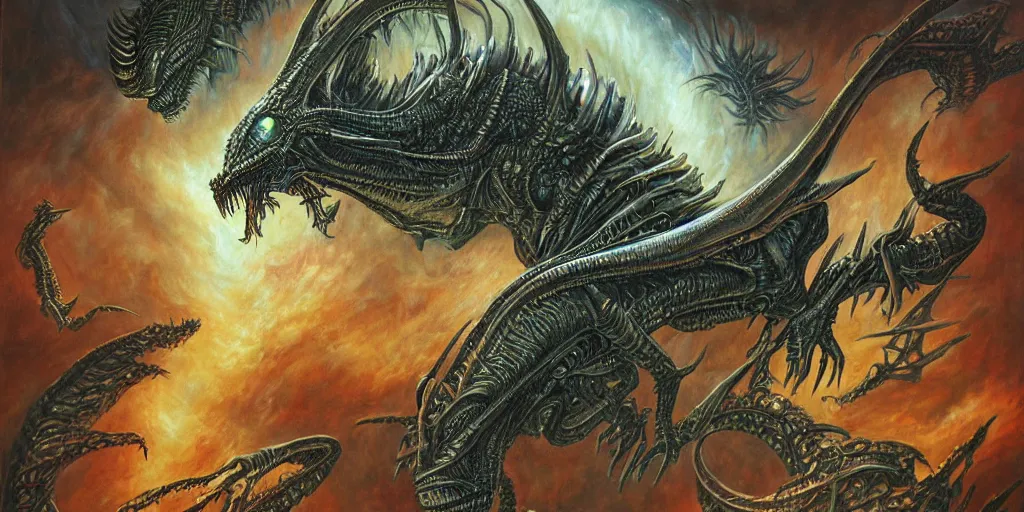 Image similar to alien space dragon by dan seagrave art