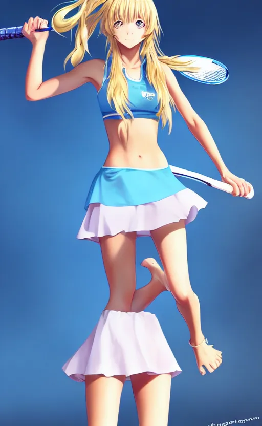 Prompt: a very beautiful young anime tennis girl, full body, head, long wavy blond hair, sky blue eyes, full round face, short smile, bikini, miniskirt, front view, mid - shot, highly detailed, cinematic wallpaper by stanley artgerm lau