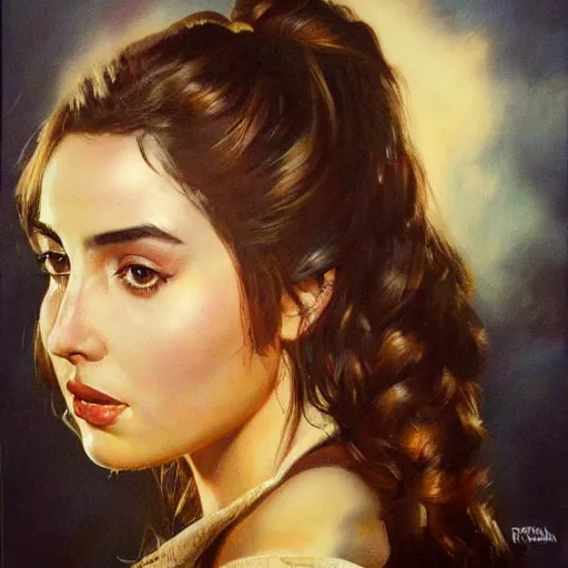 Prompt: ultra realistic head and shoulders portrait painting of ana de armas as a western outlaw, art by frank frazetta, 4 k, ultra realistic, highly detailed, epic lighting