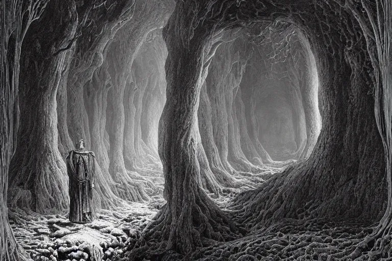 Image similar to intricate, 3 d, borehole, style by caspar david friedrich and wayne barlowe and ted nasmith.