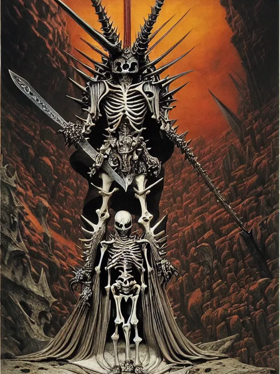 Prompt: A little vibrant. A spiked horned detailed semiork-semihuman skeleton with armored joints stands in a large cavernous throne room with Gattsu Sword in hand. Wearing massive shoulderplates, cloak. Extremely high details, realistic, fantasy art, solo, masterpiece, bones, ripped flesh, colorful art by Zdzisław Beksiński, Arthur Rackham, Dariusz Zawadzki, Harry Clarke