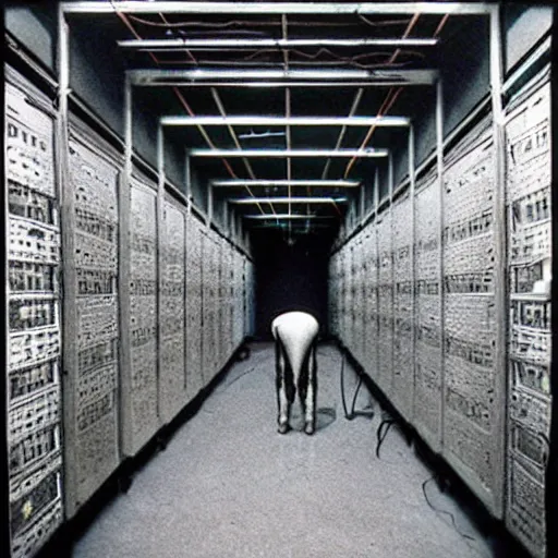 Image similar to “ugly filthy gross fleshy raw meat insectoid cybernetic mummy horse standing in a filthy dirty small server room filled with garbage and networking cables. David Cronenberg. Body horror style. 35mm.”