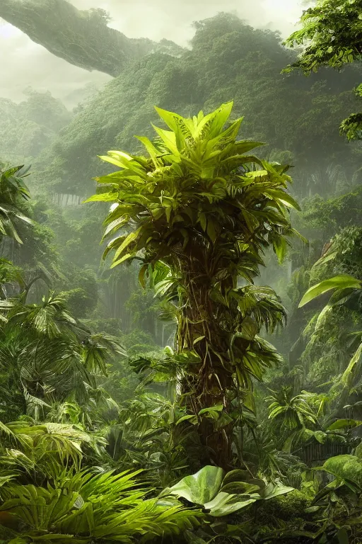 Prompt: a giant plant in the exotic jungle, landscape, alex ross, giga, david finch, concept art, matte painting, highly detailed, rule of thirds, dynamic lighting, cinematic, detailed, denoised, centerd