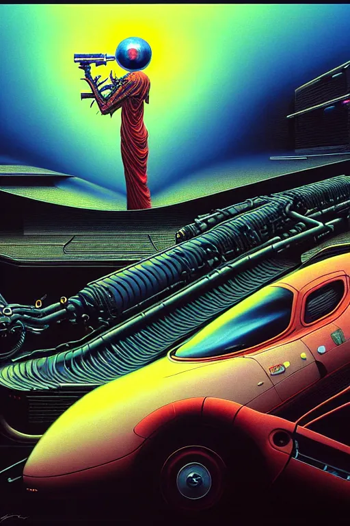 Prompt: a hyperrealistic painting of a sharp futuristic hotrod vehicle with chrome pipes and engine scoops shooting out fire, cinematic horror by chris cunningham, lisa frank, richard corben, highly detailed, vivid color, beksinski painting, part by adrian ghenie and gerhard richter. art by takato yamamoto. masterpiece