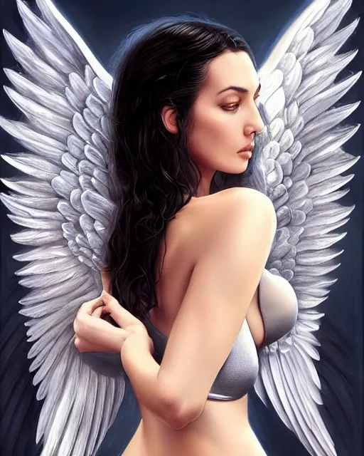 Prompt: beautiful angel girl with monica bellucci face, portrait, big silver bra, silver wings, highly detailed, d & d, fantasy, highly detailed, digital painting, trending on artstation, concept art, sharp focus, illustration, art by artgerm and greg rutkowski and fuji choko and viktoria gavrilenko and hoang lap