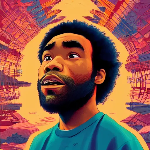 Image similar to the second coming of childish gambino with donald glover by dan mumford, yusuke murata, makoto shinkai, ross tran, cosmic, heavenly, god rays, intricate detail, cinematic, 8 k, cel shaded, unreal engine, featured on artstation, pixiv