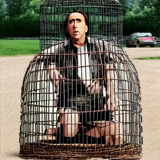 Image similar to nicolas cage trapped in a wicker cage being covered in peas