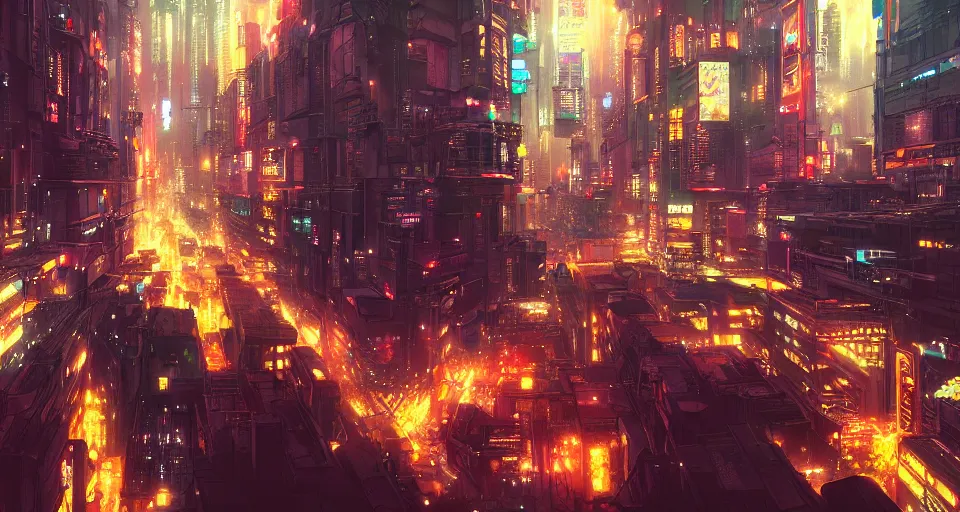 Image similar to panoramic view of a cyberpunk city at night, bokeh lights, anime, ilya kuvshinov, guweiz, greg rutkowski, concept art, digital painting, cinematic, extreme detail, expansive