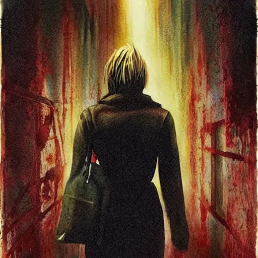 Prompt: detailed details photorealistic silent hill 2 horror game poster in the style of bob peak and alex ross, gouache and wash paints color, detailed details facial and body and human and environments and proportionate, detailed 5 k details.