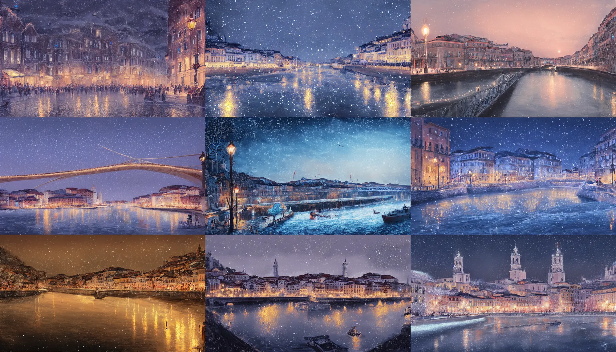 Prompt: Digital painting of a Lisbon, it is christmas and the river is frozen, snowy, fairy lights, hyperdetailed, artstation, cgsociety, 8k