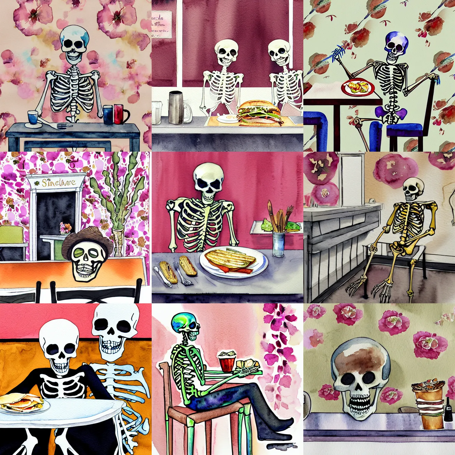 Prompt: watercolor of n eye level view of skeleton sitting at the counter of a cafe, eating a sandwiche. in the background is floral wallpaper with iridescent and floral theme.