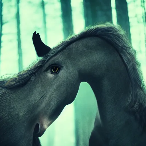 Prompt: werecreature consisting of a horse and a human, featured on artstation, photograph captured in a dark forest