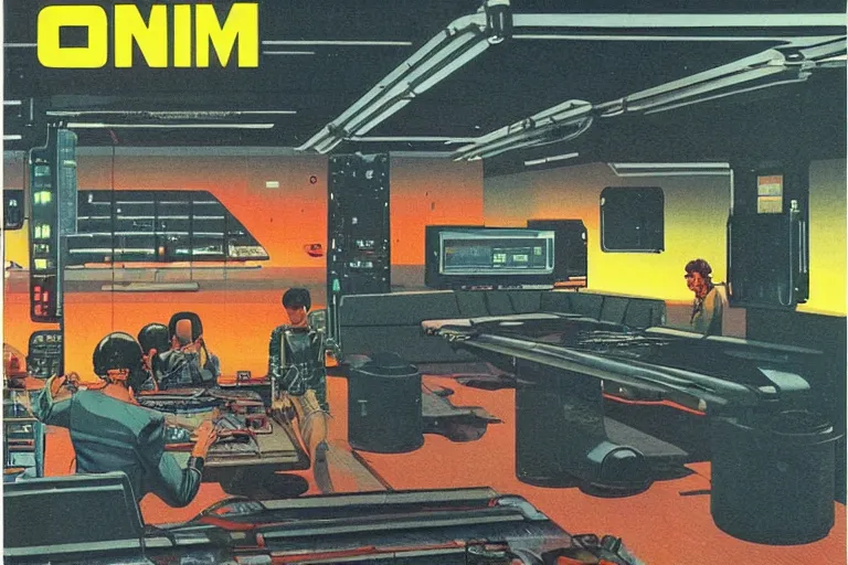 Prompt: 1979 OMNI Magazine Cover of a garage war-room in neo-Tokyo in cyberpunk style by Vincent Di Fate