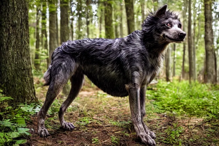 Image similar to canine werecreature, color photograph captured in the woods