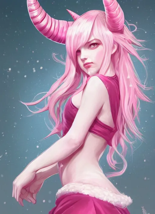 Prompt: a highly detailed illustration of cute smug pink haired pale girl with horns wearing pink dress, dramatic smirk pose, intricate, elegant, highly detailed, centered, digital painting, artstation, concept art, smooth, sharp focus, league of legends concept art, wlop.