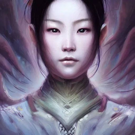 Prompt: A portrait of An beautiful!!! ancient Chinese female swordsman by Ross Tran!!! and Zhang Daqian!! and greg rutkowski! and Zdzisław Beksiński! and Ruoxin Zhang!!!,In style of digital art illustration.Symmetry.Highly detailed face.Fantasy,smooth,hyper detailed,sharp focus,Soft light.trending on artstation.