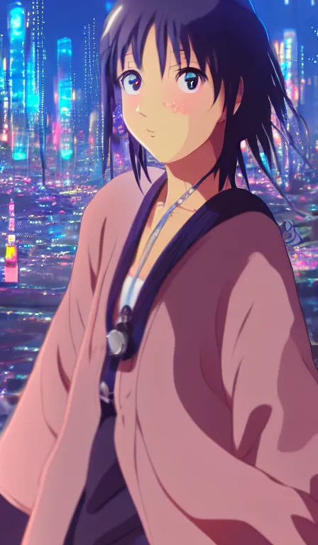 Image similar to anime fine details portrait of Sakuna in front of cyberpunk moder city landscape on the background deep bokeh, close-up view, anime masterpiece by Studio Ghibli. 8k, sharp high quality anime, artstation