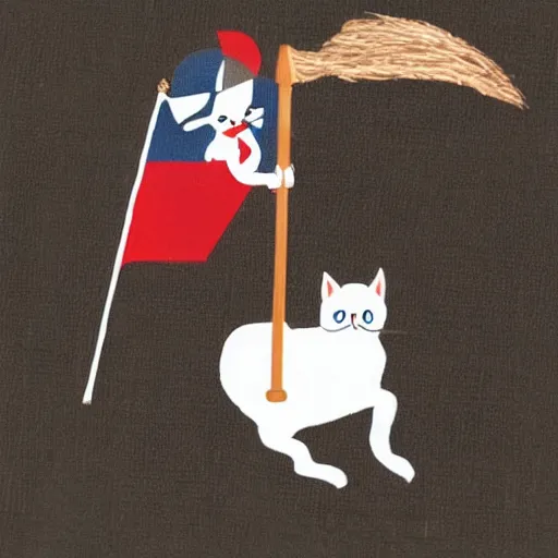 Image similar to a small warrior tuxedo cat carrying his battle flag while riding a large striped cat steed that is galloping into battle