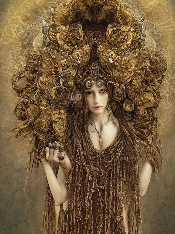 Prompt: a half body portrait render of a fallen angel veiled with symmetry intricate detailed,dramatic headdress with intricate fractals of flowers,tassels,by Daveed Benito and Lawrence Alma-Tadema and Billelis and Enchanted doll and aaron horkey and peter gric,trending on pinterest,hyperreal,jewelry,gold,intricate,maximalist,golden ratio,cinematic lighting