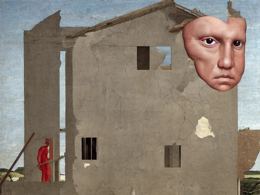 Image similar to House under renovation. The worker is muscular and has one eye with a red pupil in the middle of his face, like a cyclops. Painting by Alex Colville, Piero della Francesca.