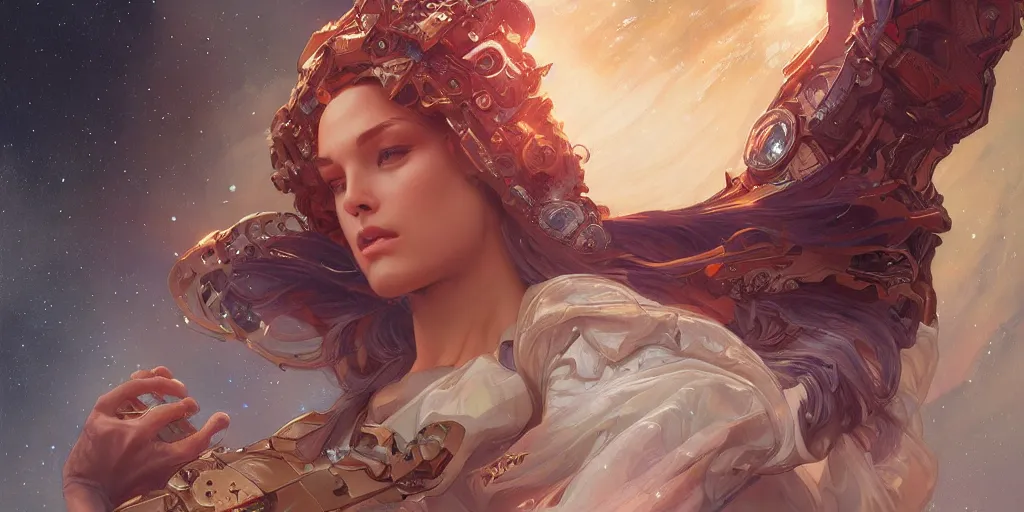 Prompt: epic portrait an space star goddess, intricate, full frontal shot, highly detailed, digital painting, artstation, concept art, sharp focus, illustration, art by artgerm and greg rutkowski and alphonse mucha