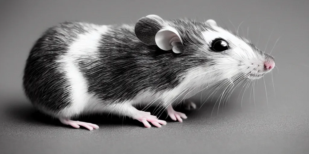 Prompt: a beautiful studio photo of exactly one!!! mouse; 90mm; f/1.4; black and white