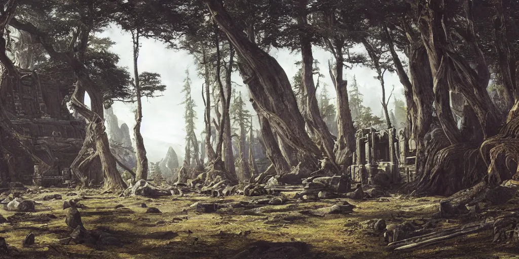 Image similar to a alien lost temple, by ivan shishkin, by james gurney, detailed, atmospheric, 8 k