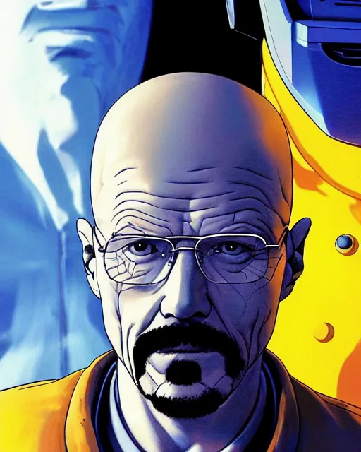 Prompt: portrait of walter white as a robot, cybernetic enhancements, art by makoto shinkai and alan bean, yukito kishiro