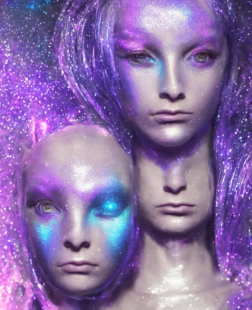 Prompt: beautiful blue alien female, ram horns, glitter, specular reflections, shiny skin, eye tattoo, portrait, synthetic full bodysuit colourful fish scale armour, intricate details, farscape, cinematic, octane render, subsurface scattering, bloom, shadows, purple glowy background, volumetric lighting