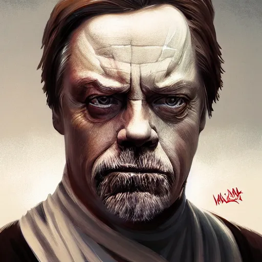 Prompt: A portrait of mark hamill, angry, sith, star wars art, art by greg rutkowski, matte painting, trending on artstation