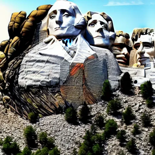 Image similar to a photo of mount rushmore after donald trump's face had been added. the photo depicts a clearly recognizable donald trump carved into the stone at the mountain top