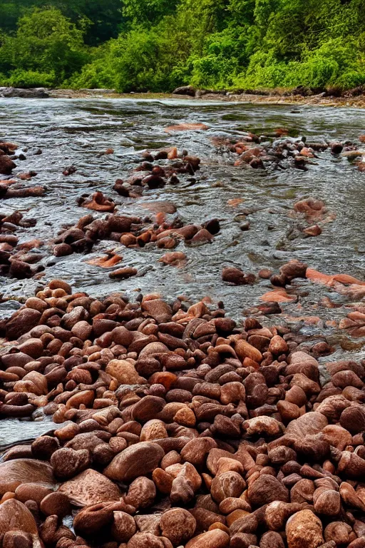 Prompt: detailed photorealistic browny poop in clear river, swim swimming happily, without anyone disturbing, the background of the fast flowing river, some rocks and also the blazing sun reflecting on the river