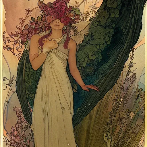 Prompt: a beautiful intricate watercolor illustration of an angel of nature, leaves, 4 k, ultra - wide angle, by william turner, by victo ngai, by alphonse mucha, by moebius, by gustave dore, hd, trending on artstation, hyper detailed, muted intense colors