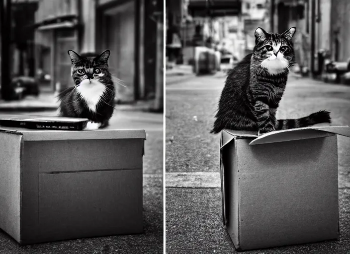 Image similar to photography of a Cat sitting on a box. in a cyberpunk street, award winning photo, 100mm, sharp, high res