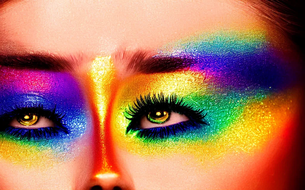 Image similar to closeup goldenhour photo of a pair of beautiful blue eyes of a woman with rainbow eyeshadow and ornate gold eyelashes, with rainbow light caustics