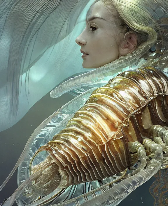 Image similar to intricate opulent transparent clear see - through portrait of a terrifying beautiful male human isopod sea slug, mottled coloring, adorable, childlike, overgrown retrofuturistic jungle environment, ultra realistic, concept art, art nouveau, photorealistic, octane render, 8 k, unreal engine. art by christopher marley and artgerm and greg rutkowski and alphonse mucha