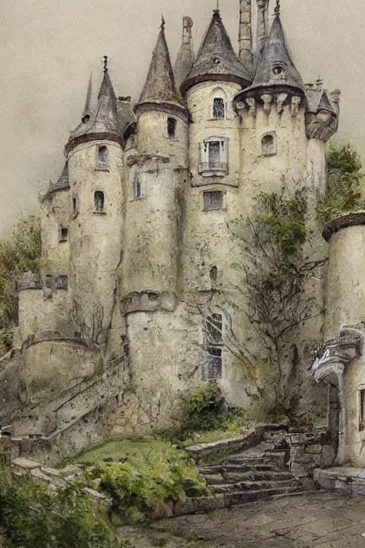 Prompt: 1950s castle . muted colors. by Jean-Baptiste Monge