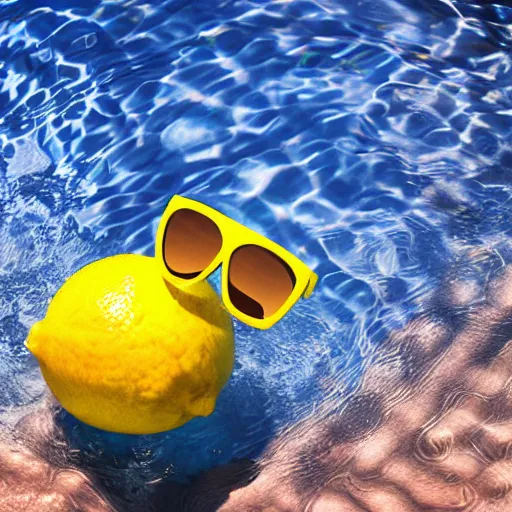 Prompt: lemon with sunglasses swimming in a pool