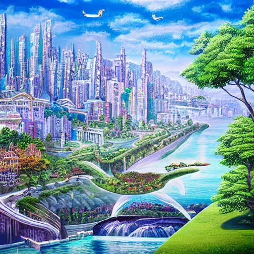 Image similar to Beautiful city of the future in harmony with nature. Beautiful detailed painting by Lurid. (2022)