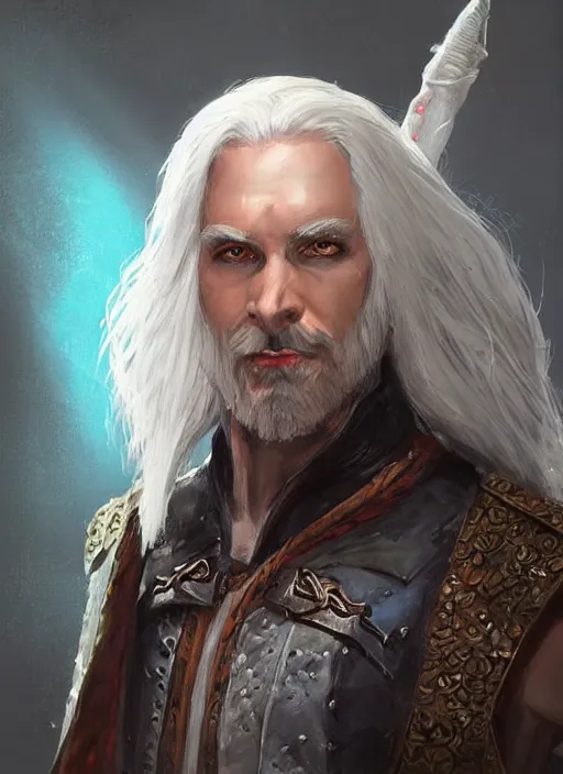 Image similar to man with white hair and white goatee, dndbeyond, bright, colourful, realistic, dnd character portrait, full body, pathfinder, pinterest, art by ralph horsley, dnd, rpg, lotr game design fanart by concept art, behance hd, artstation, deviantart, hdr render in unreal engine 5