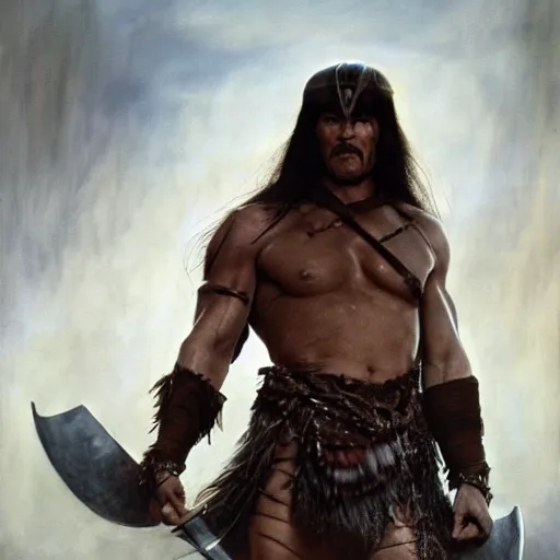 Prompt: conan the barbarian in heavy armor, artstation hall of fame gallery, editors choice, #1 digital painting of all time, most beautiful image ever created, emotionally evocative, greatest art ever made, lifetime achievement magnum opus masterpiece, the most amazing breathtaking image with the deepest message ever painted, a thing of beauty beyond imagination or words