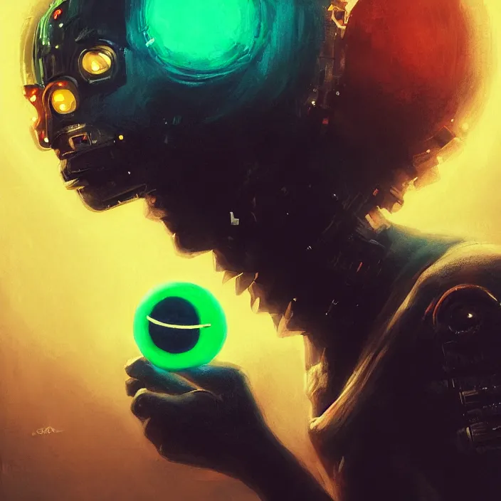 Prompt: cinematic portrait of a cute tennis ball monster, cyberpunk, bladerunner, chalk, masterpiece, trending on artstation, featured on pixiv, cinematic composition, dramatic pose, beautiful lighting, sharp details, hyper - detailed, hd, hdr, 4 k, 8 k, art by basil gogos